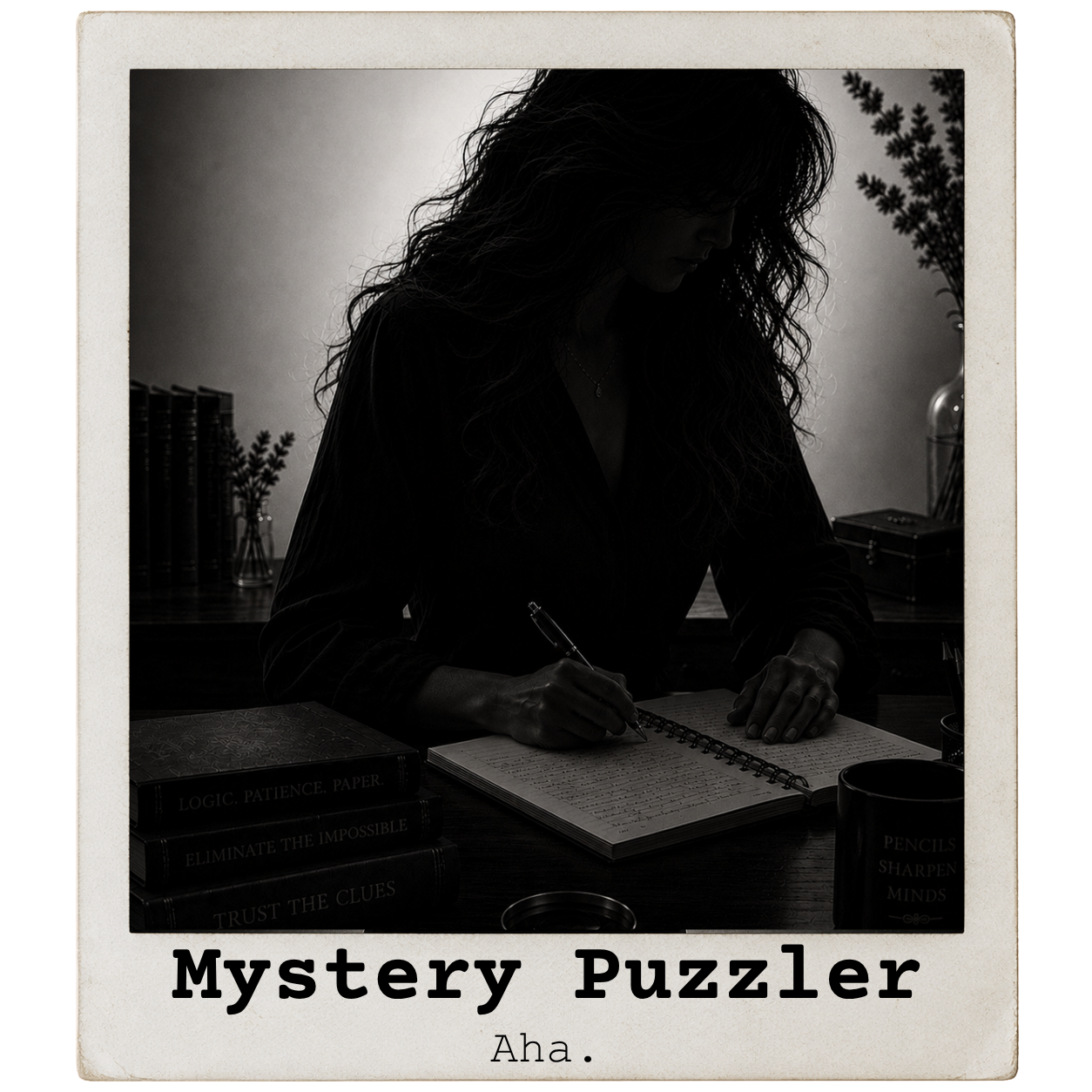 Atmospheric black-and-white portrait-style image representing Violet Ashford writing in a notebook